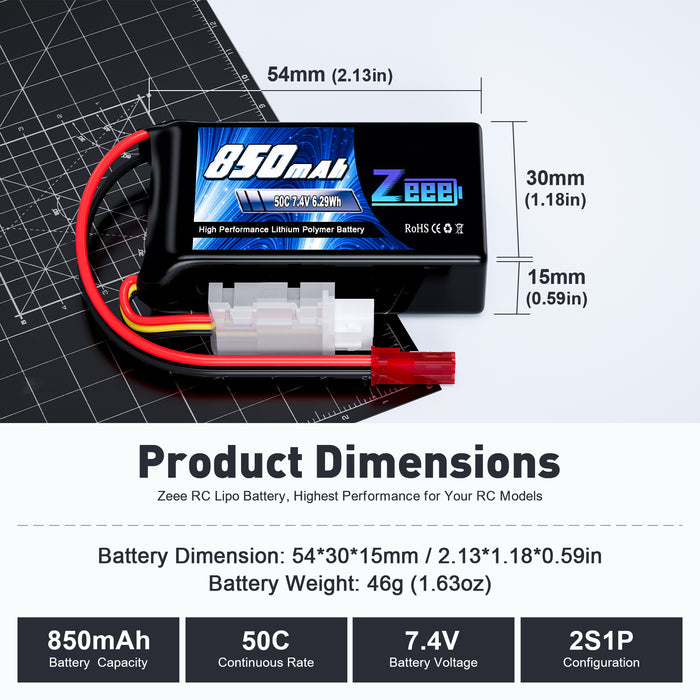 Zeee 2S Lipo Battery 850mAh 7.4V 50C Soft Pack RC Battery with JST Connector for FPV Drone Quadcopter Airplane RC Boat Helicopter RC Car RC Models(2 Pack)