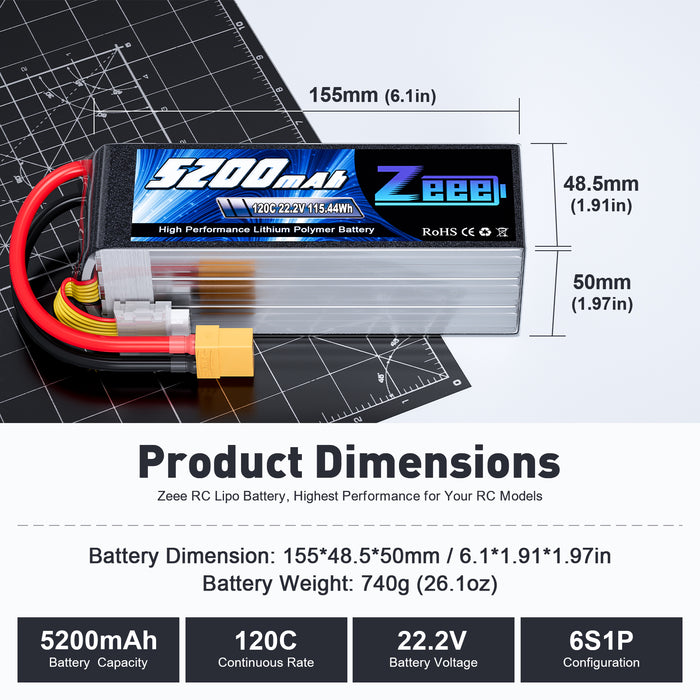 Zeee 6S Lipo Battery 5200mAh 22.2V 120C Soft Case with XT90 Connector for RC Car RC Models (2 Pack)