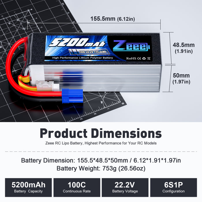 Zeee 6S Lipo Battery 5200mAh 22.2V 100C Soft Pack Lipos with EC5 Connector RC Battery for RC Car Truck Airplane Helicopter Quadcopter Boat