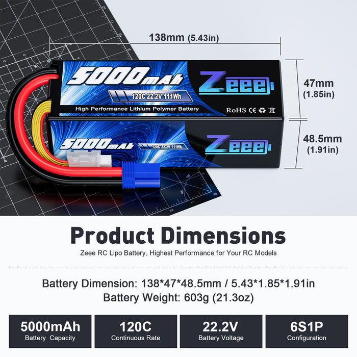 Zeee 6S Lipo Battery 5000mAh 22.2V 120C Hard Case RC Battery with EC5 Connector for RC Car Trucks Airplane Helicopter Quadcopter Boat Racing Models (2 Pack)