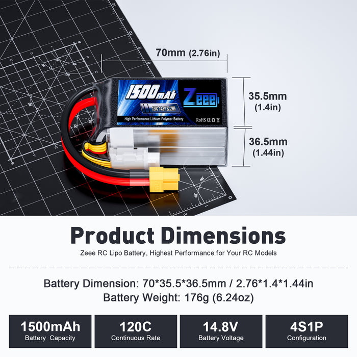 Zeee 4S Lipo Battery 1500mAh 14.8V 120C Graphene Battery with XT60 Plug for FPV RC Car RC Models(2 Pack)