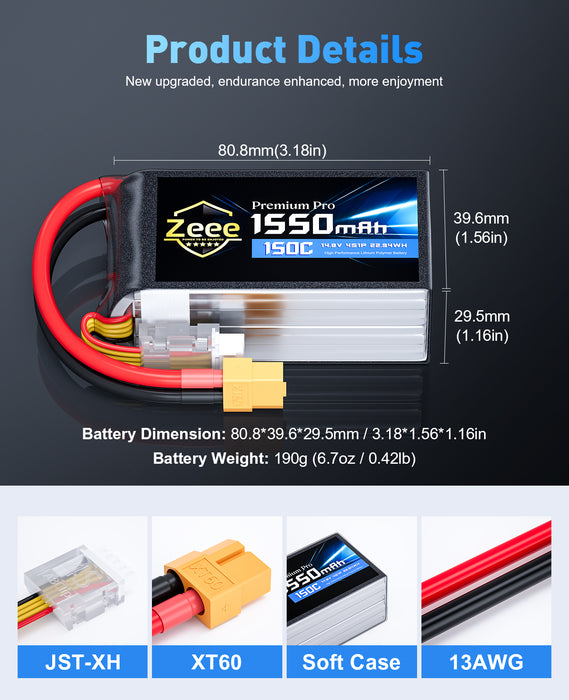 Zeee Premium Pro 1550mAh 4S Lipo Battery 14.8V 150C Ultra-Low IR Soft Pack RC Battery with XT60 Plug for FPV Drone Quadcopter Racing Helicopter Airplane RC Boat RC Car RC Models(2 Pack)