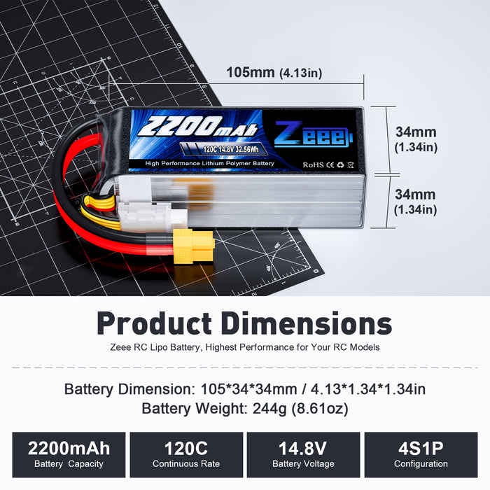 Zeee 4S Lipo Battery 2200mAh 14.8V 120C with XT60 Plug RC Graphene Battery for RC Models Airplane RC Car(2 Pack)