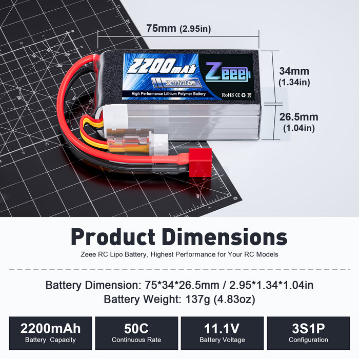 Zeee 3S Lipo Battery 2200mAh 11.1V 50C Shorty Pack Battery with Deans Plug for RC Car Truck RC Airplane Racing Hobby Models(2 Pack)