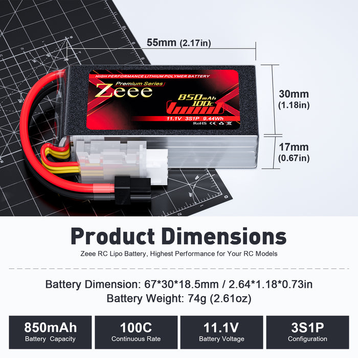 Zeee Premium Series 3S Lipo Battery 850mAh 11.1V 100C Soft Case with XT30 Plug for RC Car RC Models(2 Pack)