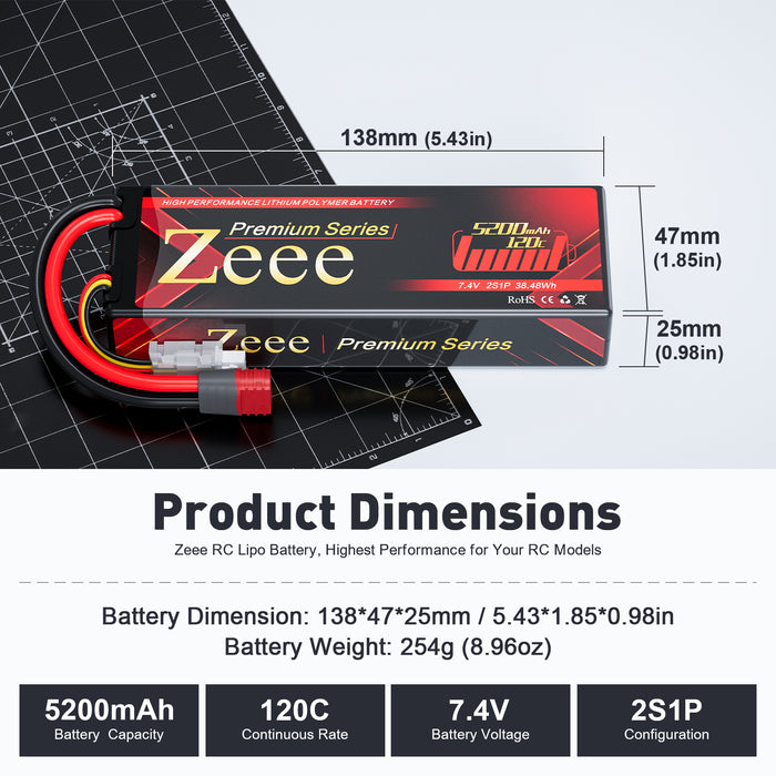 Zeee Premium Series 2S Lipo Battery 5200mAh 7.4V 120C Hard Case with Deans Plug for 1/8 1/10 RC Car(2 Pack)