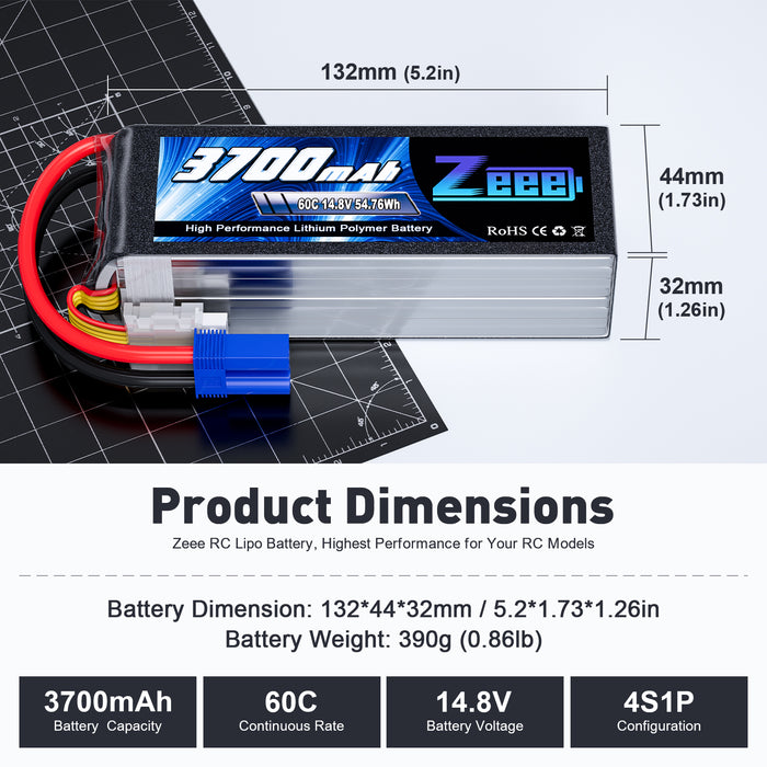 Zeee 4S Lipo Battery 3700mAh 14.8V 60C Soft Case with EC5 Plug for RC Airplane RC Models(2 Packs)