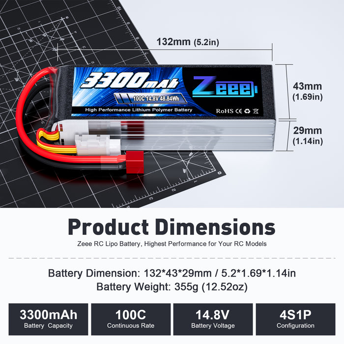Zeee 4S Lipo Battery 3300mAh 14.8V 100C Soft Pack RC Battery with Deans Plug for RC Airplane Helicopter RC Boat UAV Drone FPV RC Car Truck Boat(2 Pack)