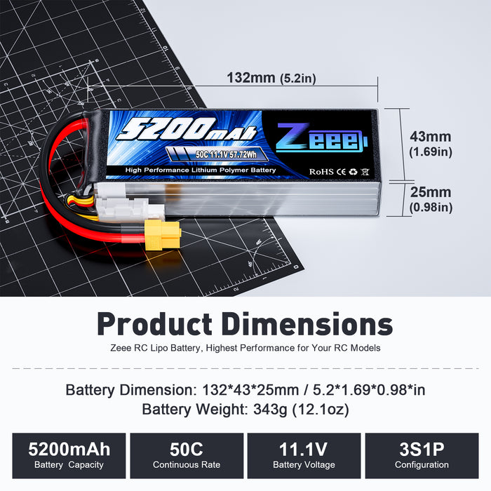 Zeee 3S Lipo Battery 5200mAh 50C 11.1V with XT60 Connector Soft Case for RC Airplane RC Car