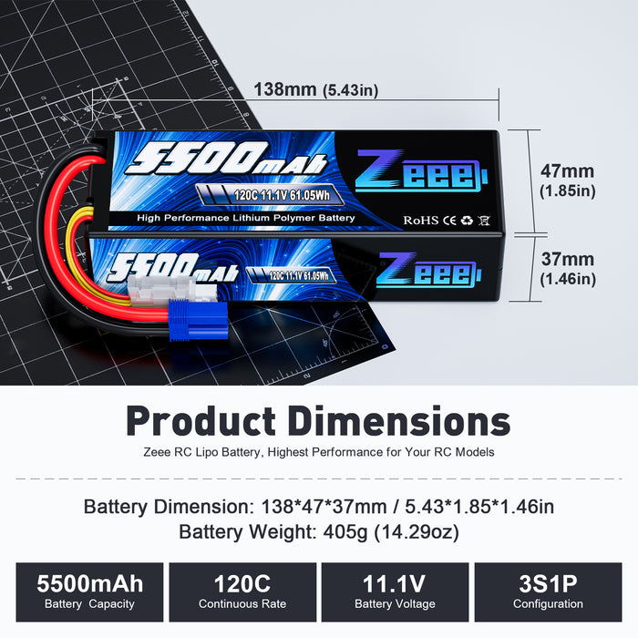 Zeee 3S Lipo Battery 5500mAh 11.1V 120C Hard Case RC Battery with EC5 Connector for RC Car 1/8 1/10 Scale Vehicles(2 Pack)