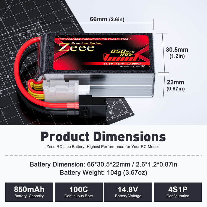 Zeee Premium Series 4S Lipo Battery 850mAh 14.8V 100C Soft Case with XT60 Plug for RC Car RC Models(2 Pack)