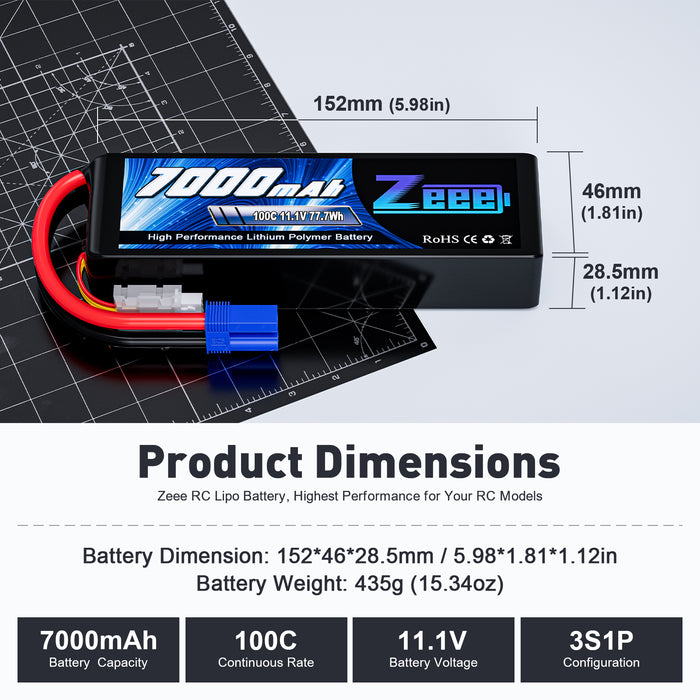 Zeee 3S Lipo Battery 7000mAh 11.1V 100C Soft Pack RC Battery EC5 Connector with Metal Plates for RC Car Truck Tank Racing Models