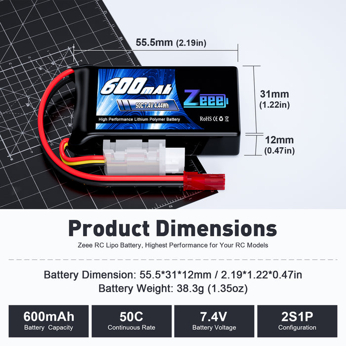 Zeee 2S Lipo Battery 600mAh 7.4V 50C with JST Connector for FPV Helicopter Airplane RC Boat Racing Drone Quadcopter RC Car RC Models(2 Pack)