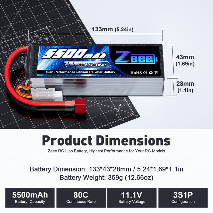 Zeee 3S Lipo Battery 5500mAh 11.1V 80C with Deans T Connector Soft Case for Airplane RC Car(2 Pack)