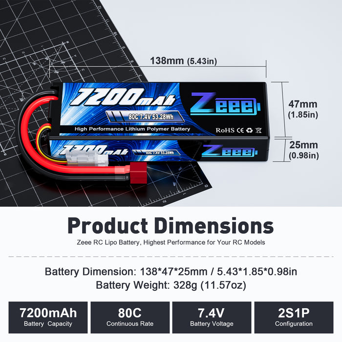 Zeee 2S Lipo Battery 7200mAh 7.4V 80C Hard Case with Deans T Style Connector for RC Car