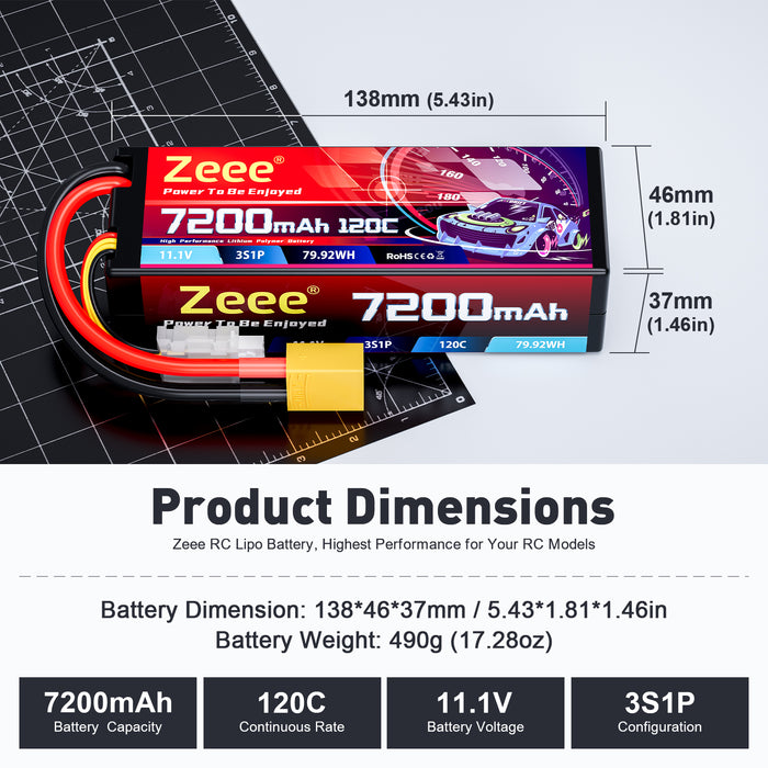 Zeee 3S Lipo Battery 7200mAh 11.1V 120C Hard Case RC Battery with XT90 Connector for 1/8 1/10 Scale Vehicles RC Car Tank Truggy Buggy RC Trucks Boats(2 Pack)