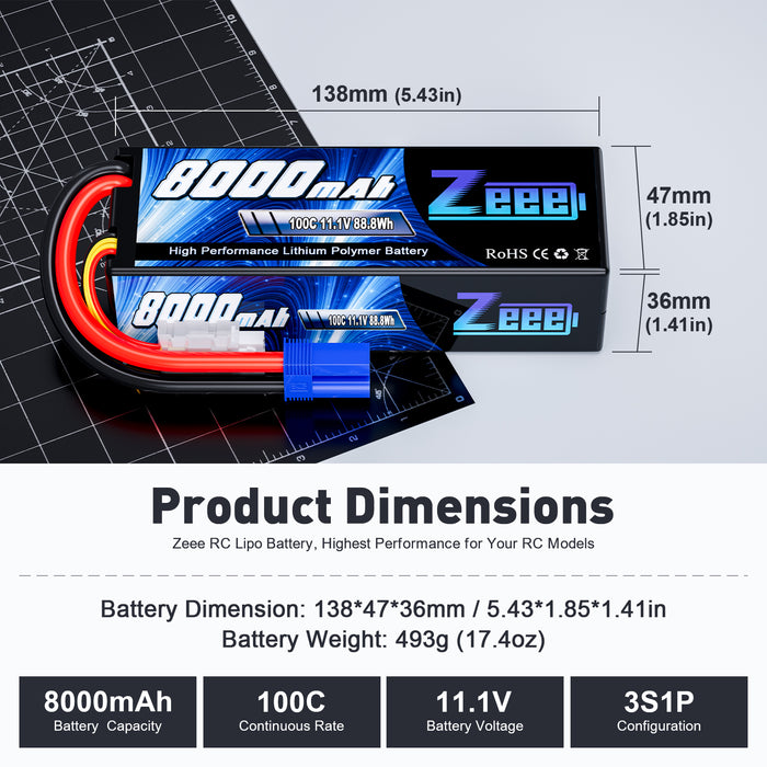 Zeee 3S Lipo Battery 8000mAh 11.1V  100C Hard Case with EC5 Plug for 1/8 1/10 RC Car Model(2 Pack)
