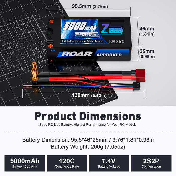 Zeee 2S Shorty Lipo Battery 5000mAh (Roar Approved) 7.4V 120C with 5mm Bullet to Deans Connector Hard Case Battery for 1/10 Scale Vehicles RC Car Trucks Boats RC Models(2 Pack)