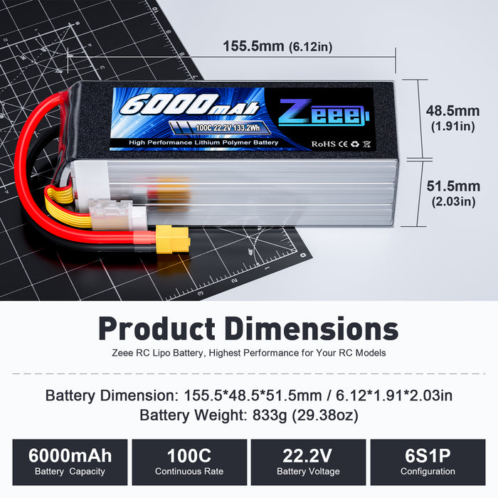 Zeee 6S Lipo Battery 6000mAh 22.2V 100C with XT60 Connector Soft Pack RC Battery for RC Car Truck RC Airplane Helicopter Quadcopter Boat