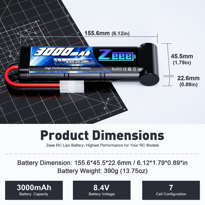 Zeee 8.4V 3000mAh NiMH Battery with Tamiya Plug for RC Car(2 Pack)