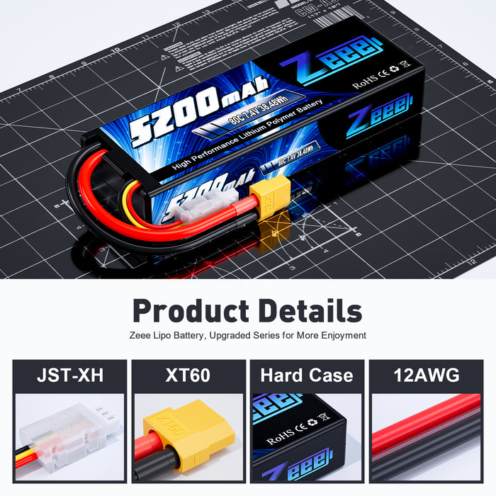 Zeee 2S Lipo Battery 5200mAh  7.4V 80C with XT60 Plug Hard Case for 1/8 1/10 RC Car(2 Packs)