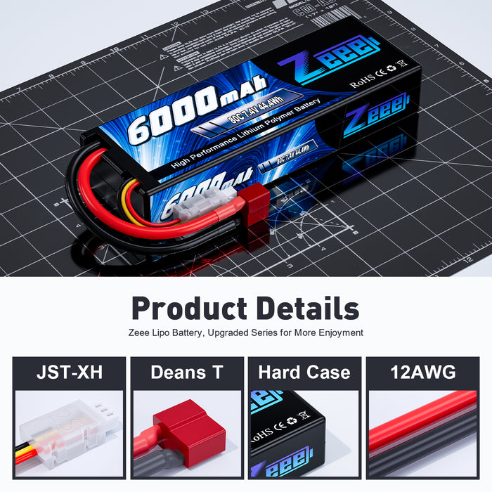 Zeee 2S Lipo Battery 6000mAh 7.4V 80C Hard case with Deans Connector for 1/8 1/10 Scale RC Car