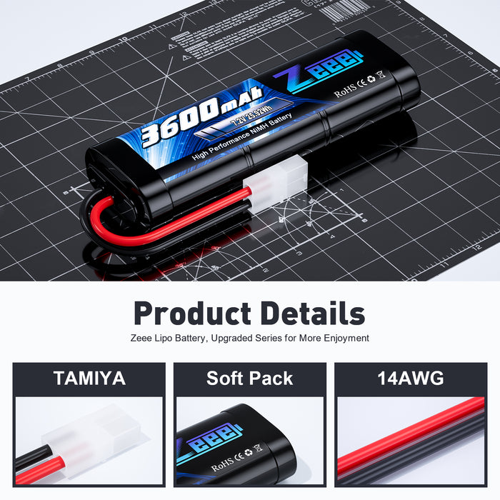 Zeee 7.2V 3600mAh RC NiMH Battery with Tamiya Plug for RC Car RC Truck Associated HPI Losi Kyosho Tamiya Hobby(2 Pack)