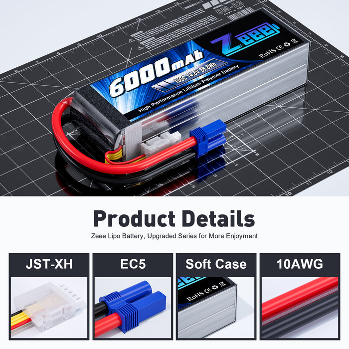 Zeee 4S Lipo Battery 6000mAh 14.8V 100C with EC5 Plug Soft Case for Airplane RC Car RC Models(2 Pack)