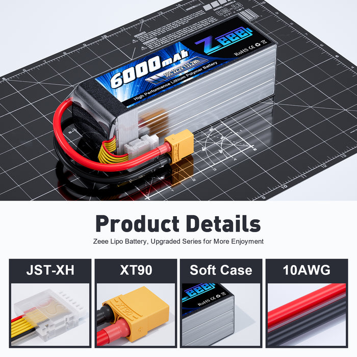 Zeee 6S Lipo Battery 6000mAh 50C 22.2V with XT90 Plug Soft Case for DJI Airplane RC Car