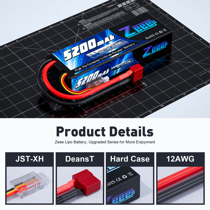 Zeee 2S Lipo Battery 5200mAh 7.4V 50C Hard Case with Deans T Plug for RC Models(1 Pack)