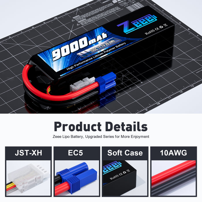 Zeee 3S Lipo Battery 9000mAh 11.1V 100C EC5 Connector with Metal Plates Soft Case for RC Car RC Models(2 Pack)