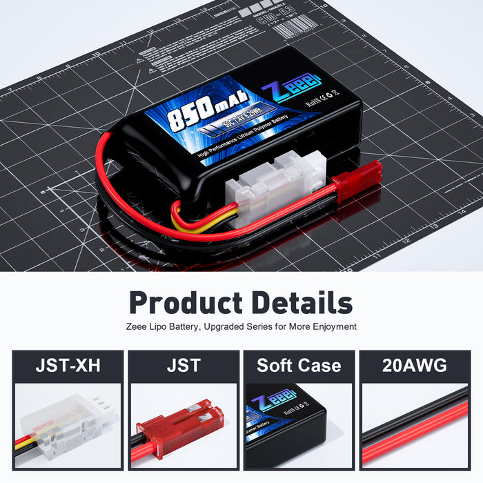 Zeee 2S Lipo Battery 850mAh 7.4V 50C Soft Pack RC Battery with JST Connector for FPV Drone Quadcopter Airplane RC Boat Helicopter RC Car RC Models(2 Pack)