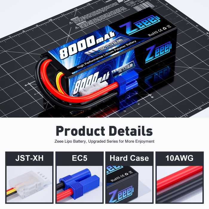 Zeee 3S Lipo Battery 8000mAh 11.1V  100C Hard Case with EC5 Plug for 1/8 1/10 RC Car Model(2 Pack)