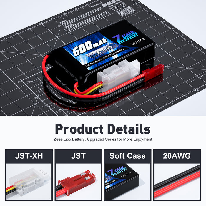 Zeee 2S Lipo Battery 600mAh 7.4V 50C with JST Connector for FPV Helicopter Airplane RC Boat Racing Drone Quadcopter RC Car RC Models(2 Pack)