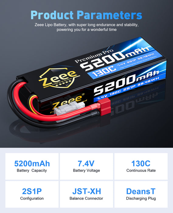 Zeee Premium Pro 2S Lipo Battery 5200mAh 7.4V 130C RC Battery Hard Case with T Plug Compatible with 1/8 1/10 RC Vehicles Car Slash RC Buggy Truggy RC Airplane Racing Models(2 Pack)