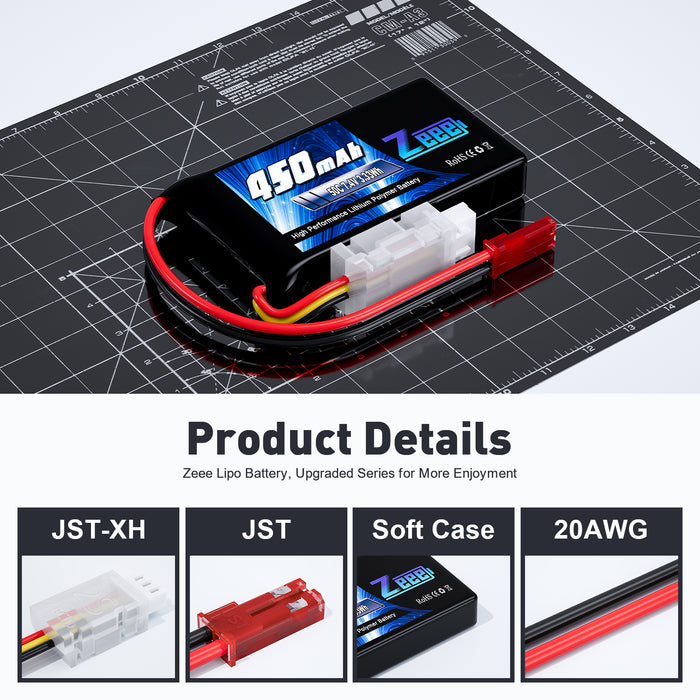 Zeee 2S Lipo Battery 450mAh 7.4V 50C Soft Pack RC Battery with JST Plug for FPV Drone Quadcopter Helicopter Airplane RC Boat RC Car RC Models(4 Pack)