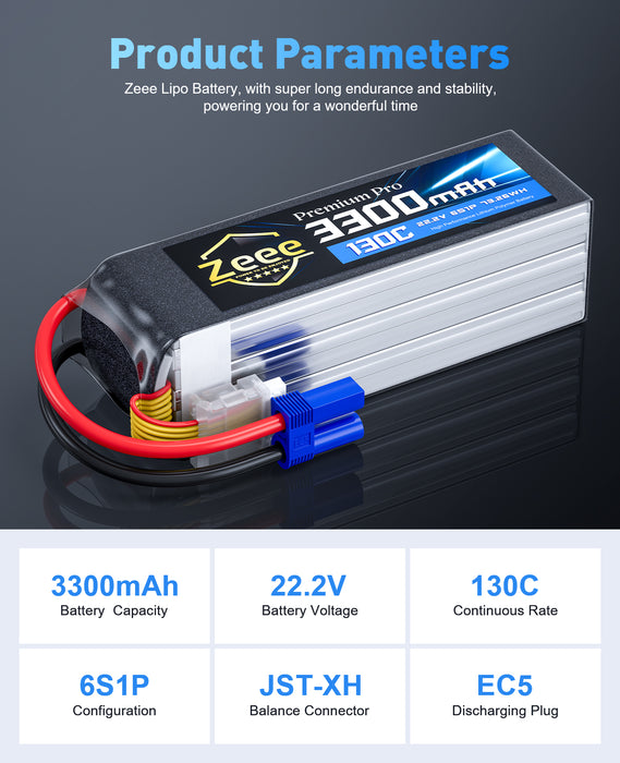 Zeee Premium Pro 6S Lipo Battery 3300mAh 22.2V 130C Ultra-Low IR Soft Pack Lipo Battery with EC5 Connector for RC Drone Car Truck Boat Helicopter Airplane Racing Models (2 Packs)