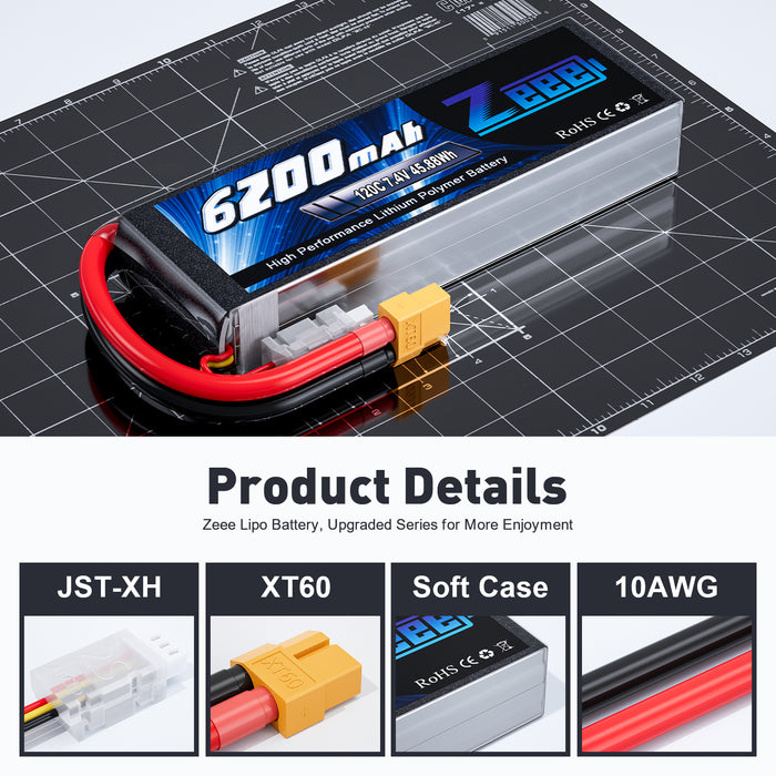 Zeee 2S 6200mAh Lipo Battery 7.4V 120C Soft Case RC Car Battery with XT60 Connector for RC Vehicles RC Truck Tank Truggy Boat Racing Hobby Models(2 Pack)