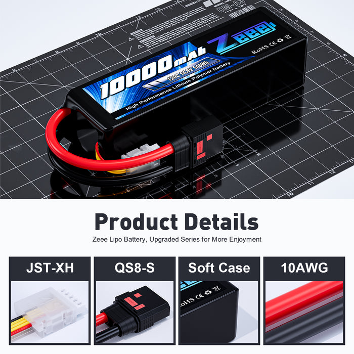 Zeee 4S 10000mAh Lipo Battery 14.8V 120C with QS8 Connector Soft Pack RC Battery Compatible with Xmaxx RC Car Truck Tank Racing Hobby Models (2 Pack)