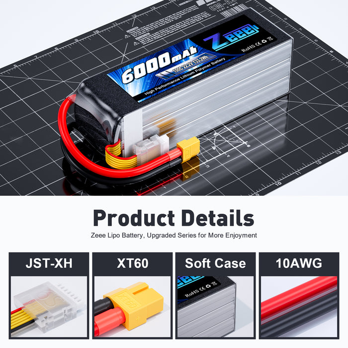 Zeee 6S Lipo Battery 6000mAh 22.2V 100C with XT60 Connector Soft Pack RC Battery for RC Car Truck RC Airplane Helicopter Quadcopter Boat