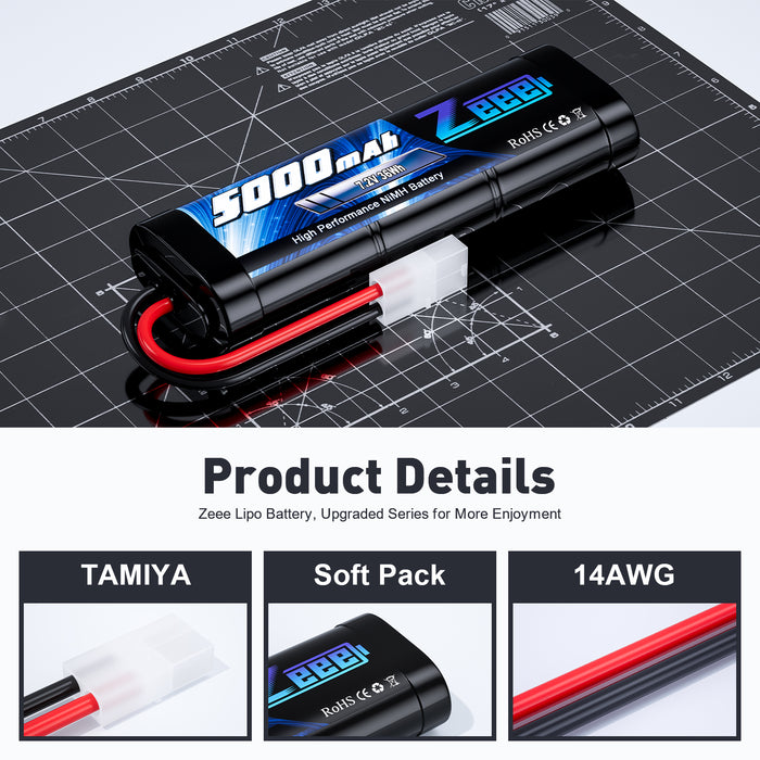 Zeee 7.2V 5000mAh NiMH Battery with Tamiya Plug 6-Cell Rechargeable Battery Pack for RC Car RC Models(2 Pack)