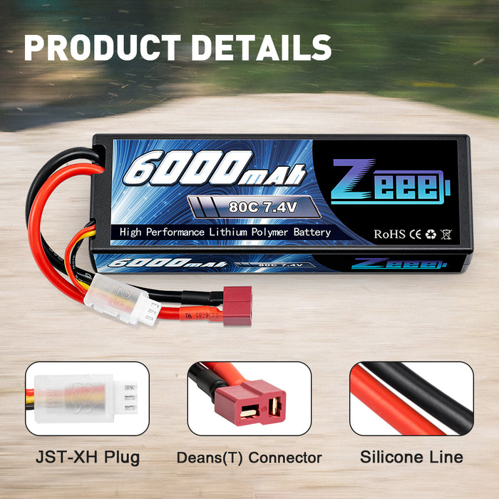 Zeee 2S Lipo Battery 6000mAh 7.4V 80C Hard case with Deans Connector for 1/8 1/10 Scale RC Car