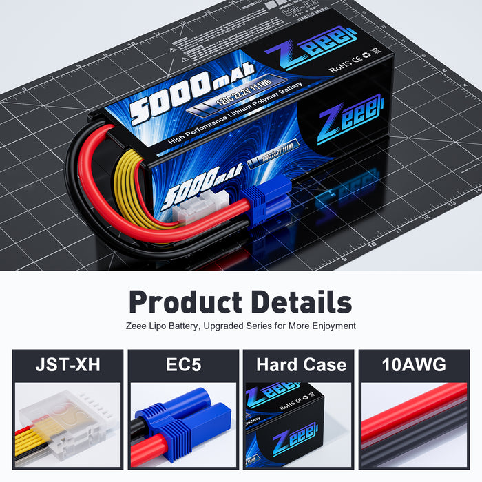 Zeee 6S Lipo Battery 5000mAh 22.2V 120C Hard Case RC Battery with EC5 Connector for RC Car Trucks Airplane Helicopter Quadcopter Boat Racing Models (2 Pack)