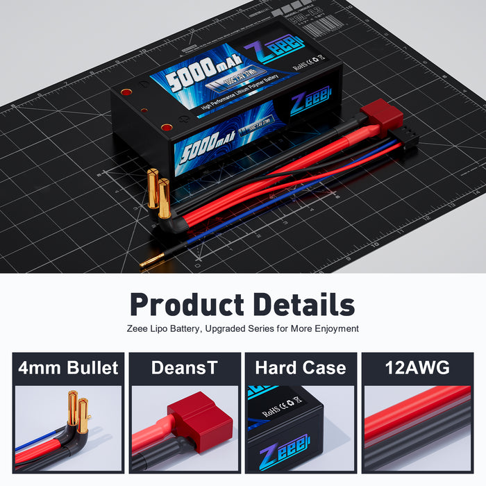 Zeee 2S Shorty Lipo Battery 5000mAh 7.4V 100C Hard Case with 4mm Bullet to Deans Connector for RC 1/10 Scale Vehicles Car RC Models(2 Pack)