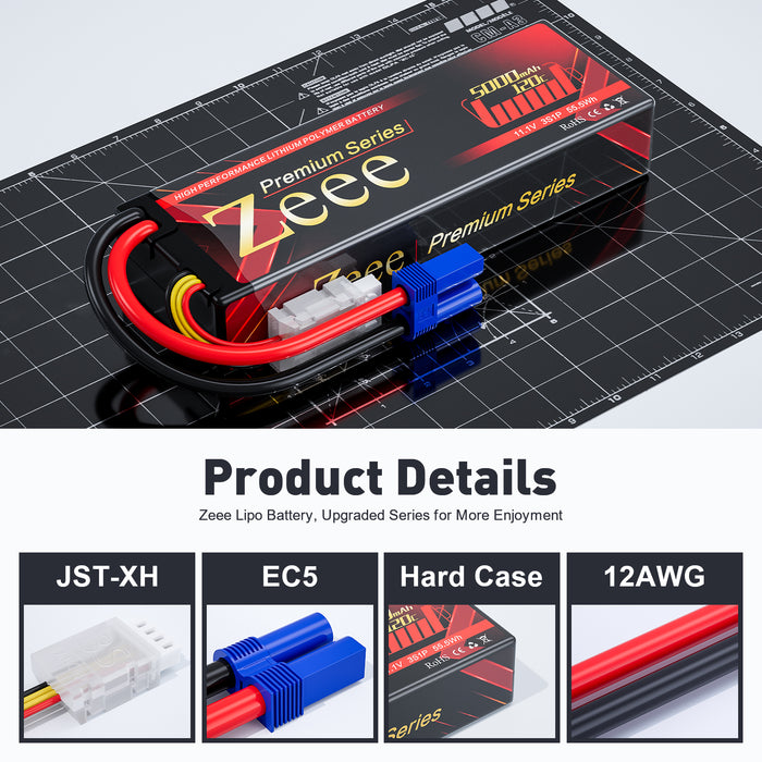 Zeee Premium Series 3S Lipo Battery 5000mAh 11.1V 120C LCG Hard Case with EC5 Connector for RC Car RC models(2 Pack)