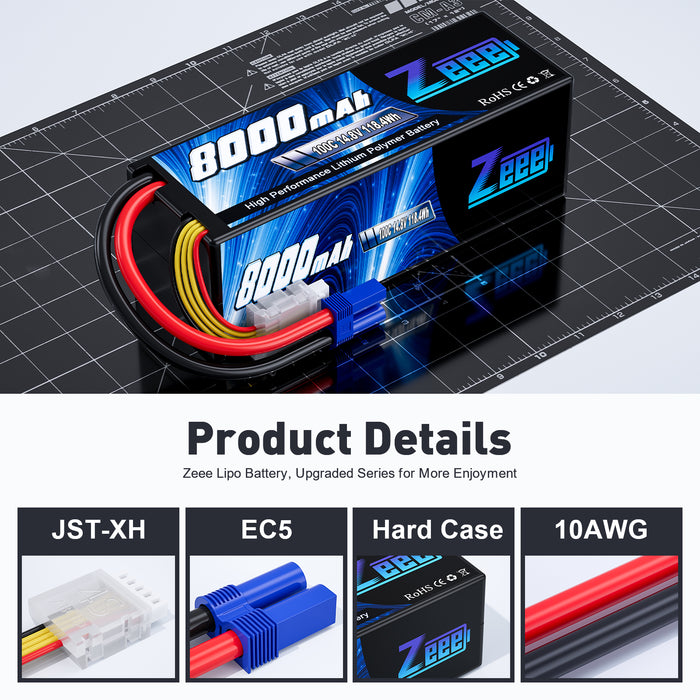 Zeee 4S Lipo Battery 8000mAh 14.8V 100C with EC5 Connector Hard Case for RC Car RC Models(2 Pack)