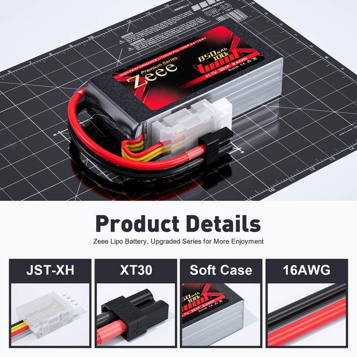 Zeee Premium Series 3S Lipo Battery 850mAh 11.1V 100C Soft Case with XT30 Plug for RC Car RC Models(2 Pack)