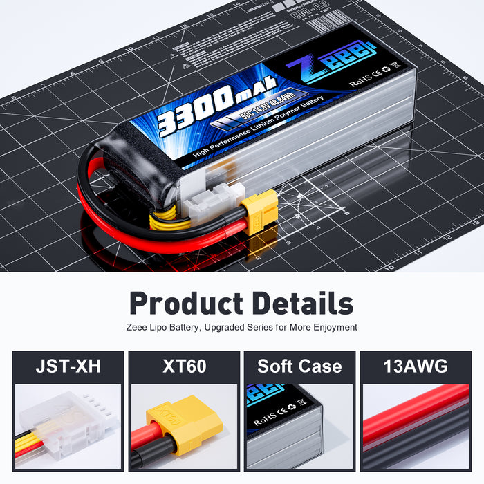 Zeee 4S Lipo Battery 3300mAh 14.8V 50C Soft Case with XT60 Plug for RC Airplane RC Car(2 Packs)