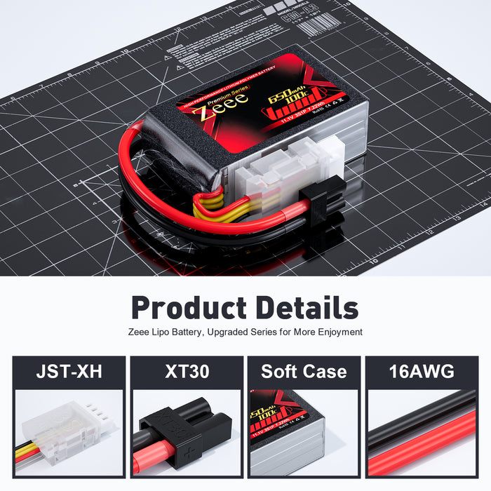 Zeee Premium Series 3S Lipo Battery 650mAh 11.1V 100C Soft Case with XT30 Plug for RC Car RC Models(2 Pack)