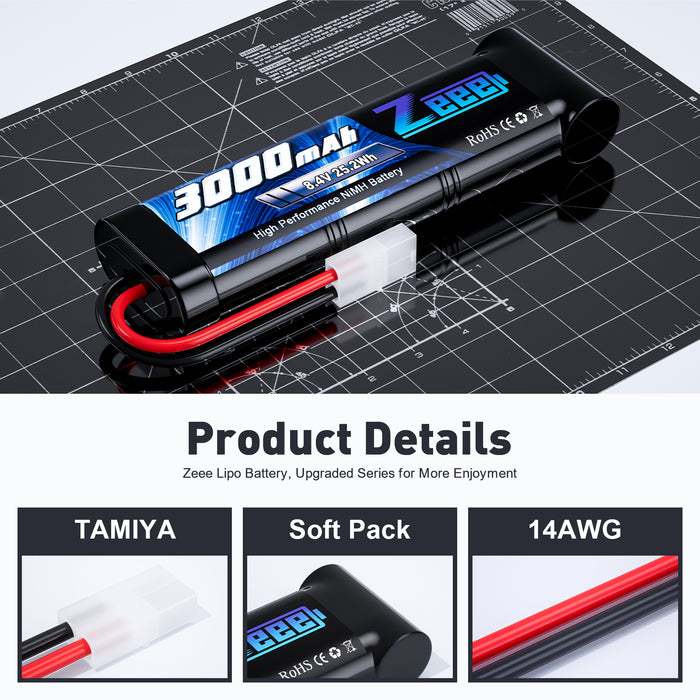 Zeee 8.4V 3000mAh NiMH Battery with Tamiya Plug for RC Car(2 Pack)